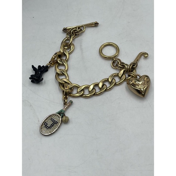 Juicy Couture Puffed Tennis Racquet Scottie Dog Heart Toggle Gold Tone Bracelet - Picture 8 of 14